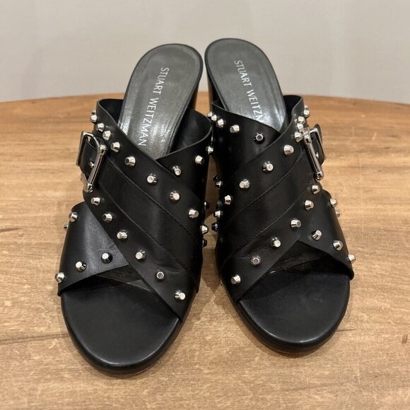 Stuart Weitzman Black Silver Studded Leather Open Toe Slides Heels Size 9.5 M - Picture 3 of 5